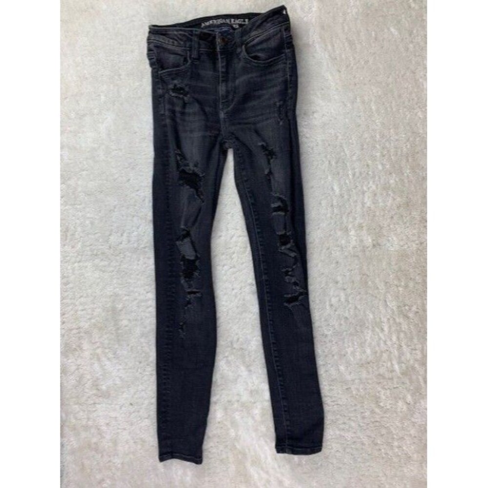 American Eagle Size 2 Womens Jeans Hi Rise Jegging Black Stretch Distressed